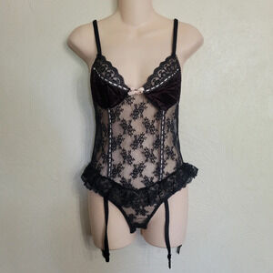 Vintage Victoria Secret Black and Pink Lace Mesh Teddy Size Women's Medium
